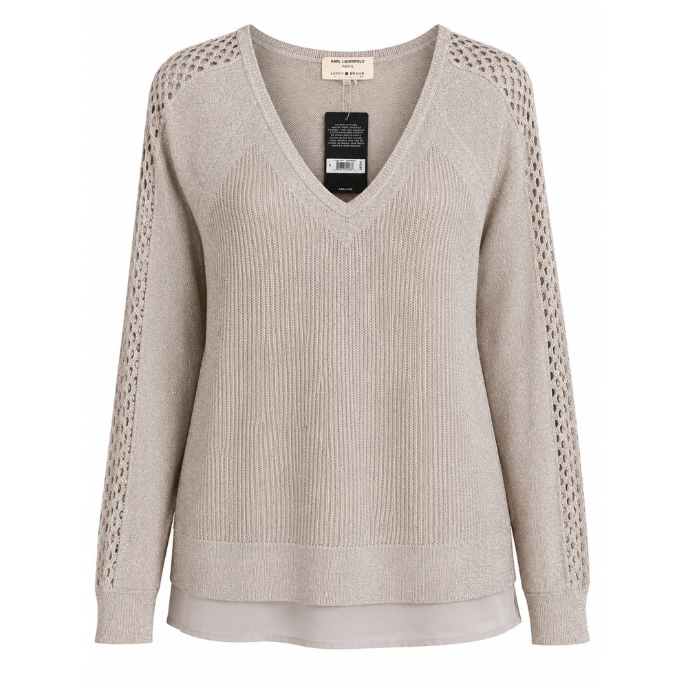 Lucky Brand Metallic Gold Sweater Medium NWT Chiffon Quiet Luxury Boho MSRP $99